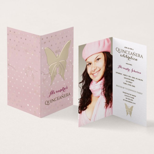 Foto Invitación a la mariposa Rosa Quinceanera (Interior y exterior)