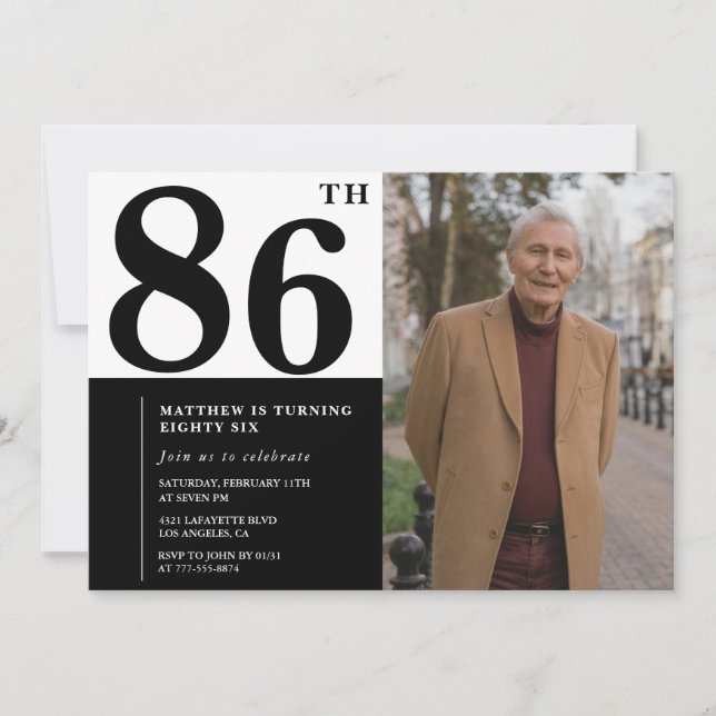 Foto Invitación a los 86 años en blanco y negro (Anverso)