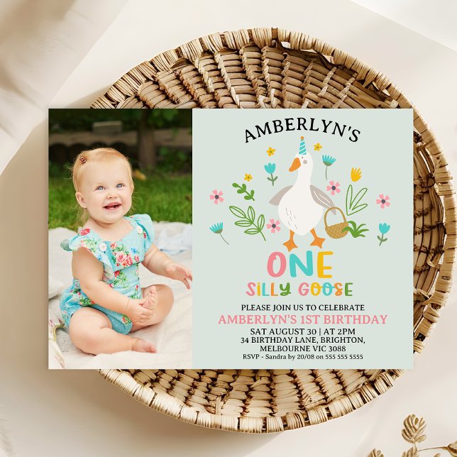 Foto: Invitación a primer cumpleaños de Sage One S (One Silly Goose Birthday Invitation Template, First Birthday Themed Birthday Invitation Girl)