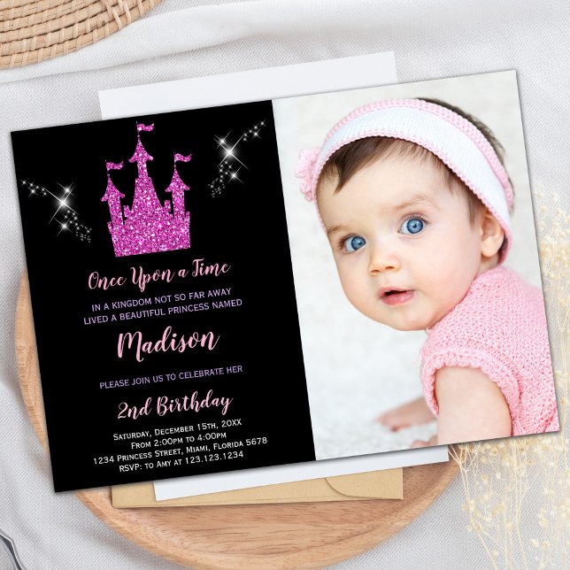 Foto Invitación al cumpleaños de Princesa Purpurin (Photo Purple Glitter Princess Birthday Invitation)