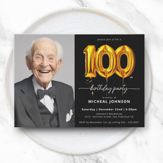 Foto Invitación de cumpleaños 100 de Black Gold (Photo Black Gold 100th Birthday Invitation)
