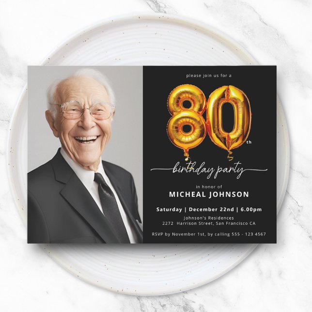 Foto Invitación de cumpleaños 80 de Black Gold (Photo Black Gold 80th Birthday Invitation)