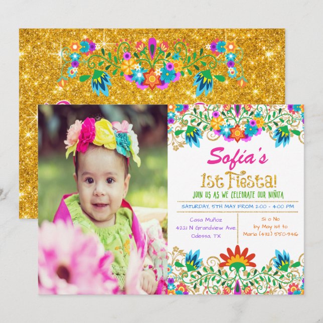 FOTO - Invitación de cumpleaños con brillo para la (Anverso / Reverso)