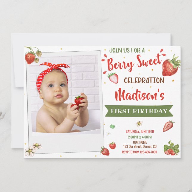 Foto Invitación de cumpleaños de fresa 1º cumpleañ (Anverso)