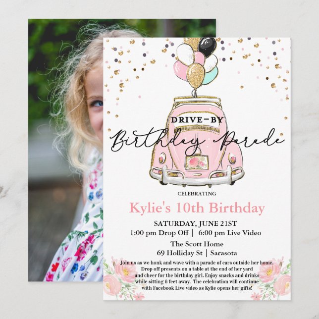 FOTO - Invitación de cumpleaños de paso en coche (Anverso / Reverso)