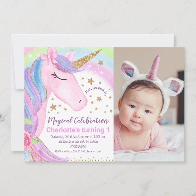 Foto: Invitación de cumpleaños de Unicorn Estrella (Anverso)