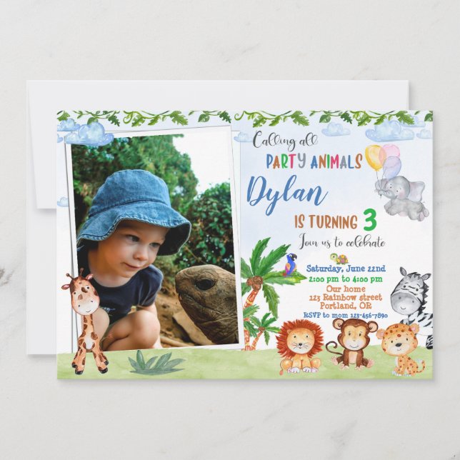 Foto Invitación de cumpleaños Safari Animación de  (Anverso)