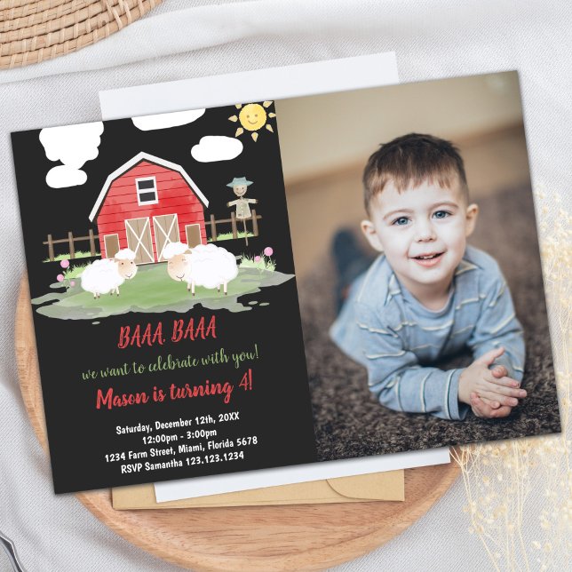 Foto Invitaciones a cumpleaños de la granja Baa Ba (Photo Baa Baa Red House Farm Birthday Invitations)