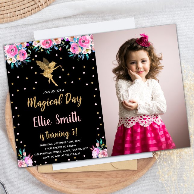 Foto Invitaciones de cumpleaños de hadas florales  (Photo Black Pink Floral Fairy Birthday Invitations)
