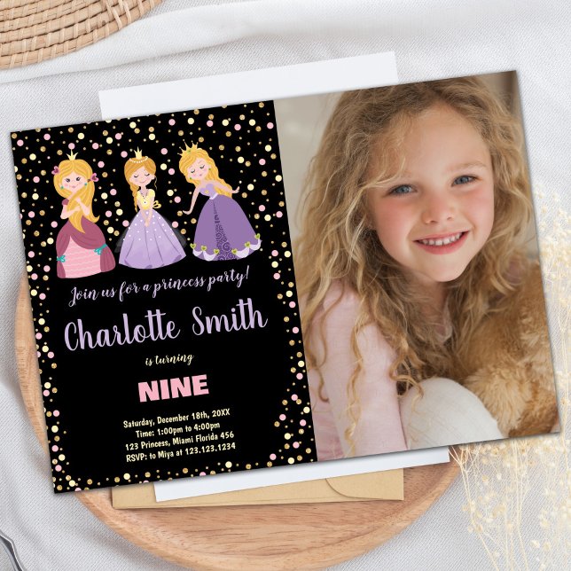 Foto invitaciones de cumpleaños de Princesa Floral (Photo Black Floral Princess Birthday Invitations)