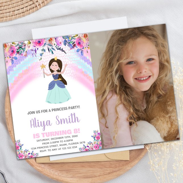 Foto invitaciones de cumpleaños de Princesa Rosa A (Photo Rainbow Pink Princess Birthday Invitations)