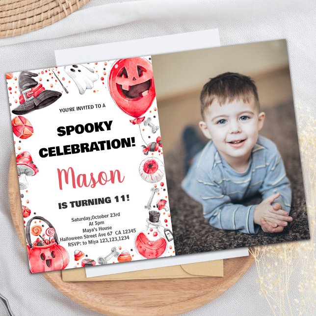 Foto Invitaciones de cumpleaños del Balón Rojo Hal (Photo Red Ballon Halloween Birthday Invitations)