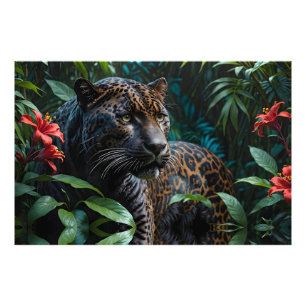Foto Jaguar melenítico en las flores rojas de la jungla