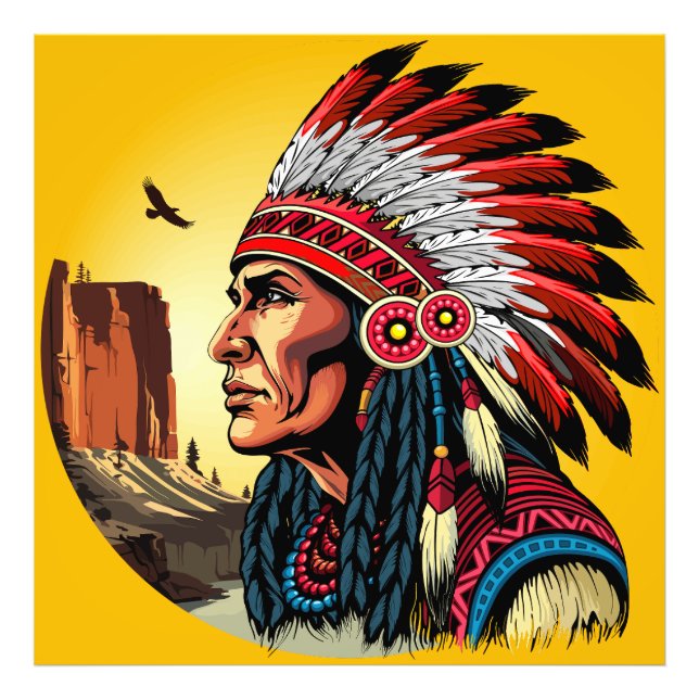 Foto Jefe nativo americano en el salvaje atardecer pais (Frente)