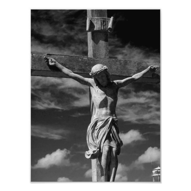 Foto Jesús blanco y negro en una cruz (Frente)