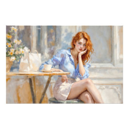 Foto Joven elegante de azul y blanco en un café