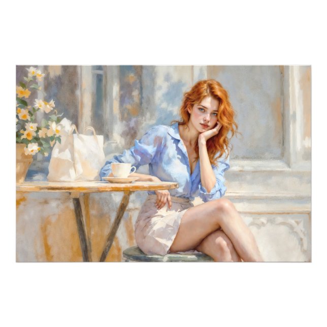 Foto Joven elegante de azul y blanco en un café (Frente)