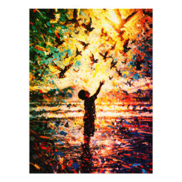 Foto Joyful Child Playing with Birds Sunrise Water