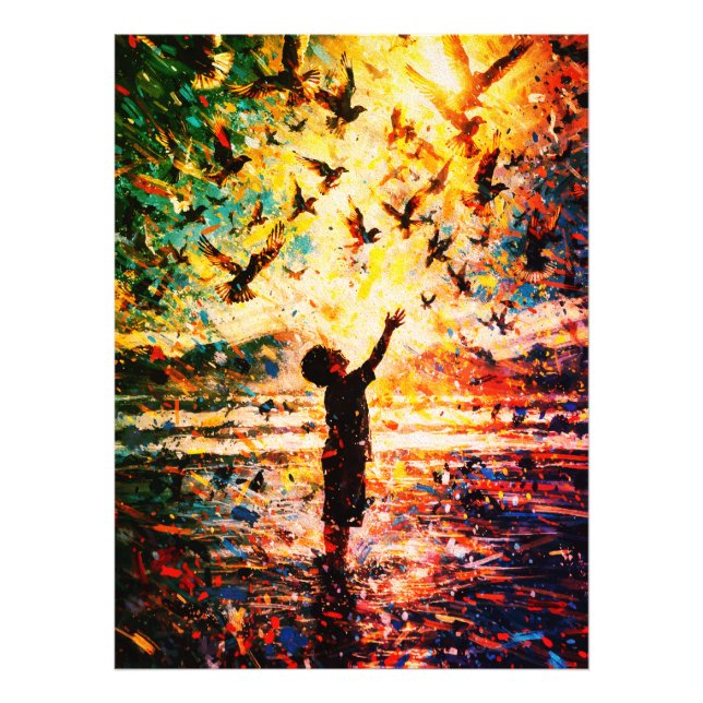 Foto Joyful Child Playing with Birds Sunrise Water (Frente)