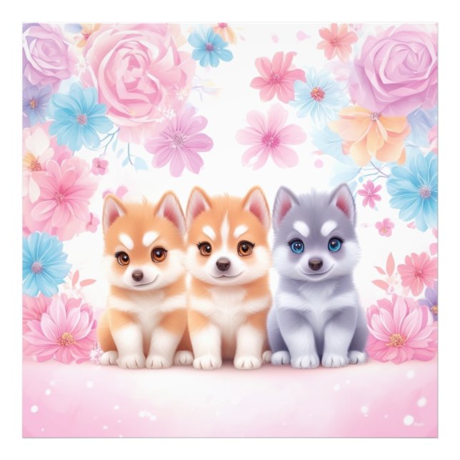 Foto Kawaii Husky Pair Wall Art & Poster (Frente)
