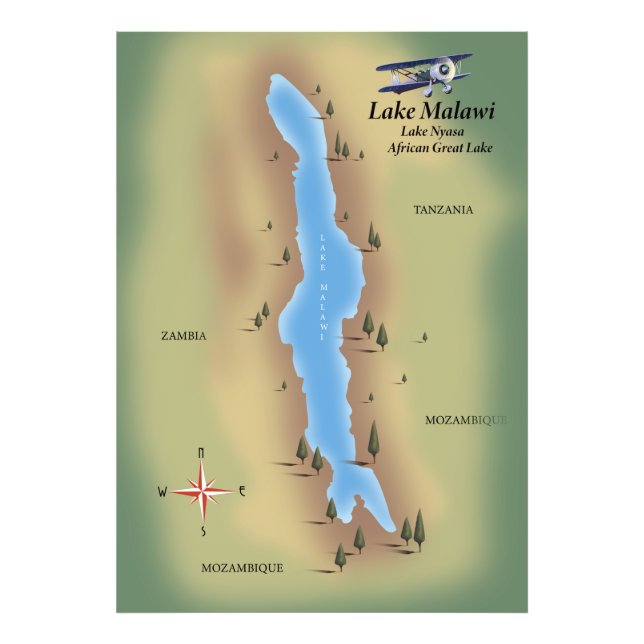 Foto Lago Malawi, impresión de mapa de afiches de viaje (Frente)