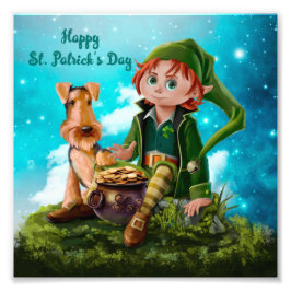Foto Leprechaun boy, Irish Terrier y olla de oro