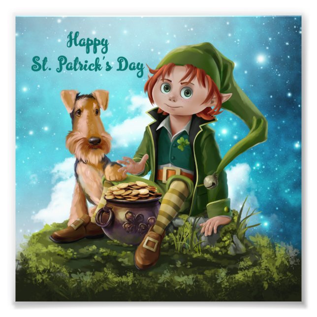 Foto Leprechaun boy, Irish Terrier y olla de oro (Frente)