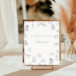 Foto Letrero de Mesa Toile De Jouy Baby Shower Lazo Azu