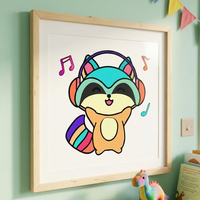 Foto Lindo mapache bebé Kawaii sonriente con auriculare (Cute smiling Kawaii Baby Raccoon with Headphones. Photo Print )