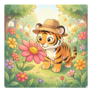 Foto Lindo tigre joven con sombrero en el jardín