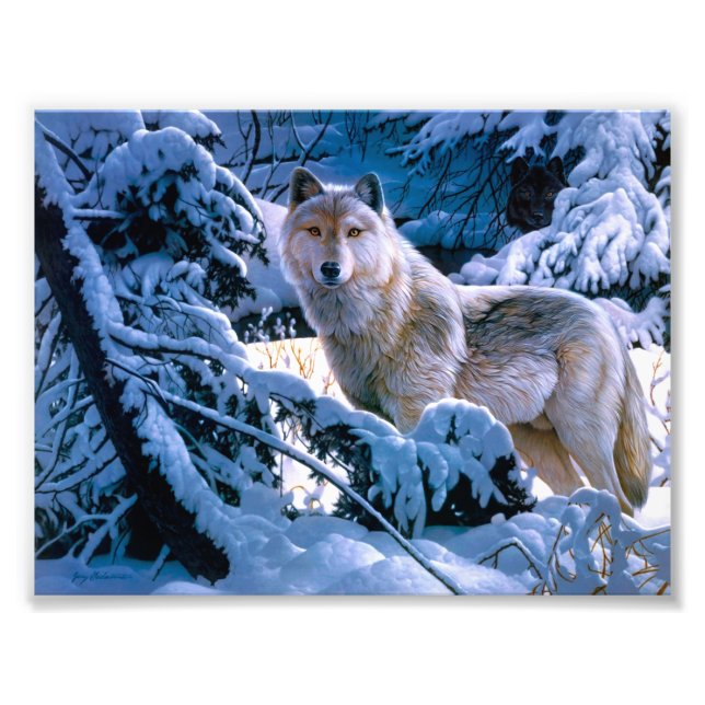 Foto Lobo en la pintura del bosque de invierno (Frente)