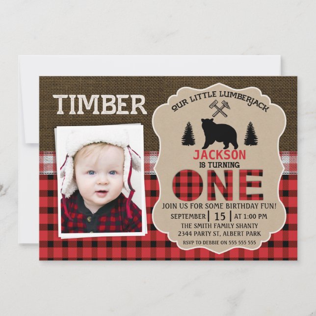 Foto Lumberjack Burlap Invitación a cumpleaños 1 (Anverso)