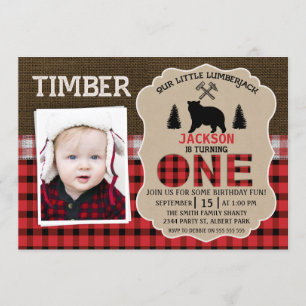 Foto Lumberjack Burlap Invitación a cumpleaños 1