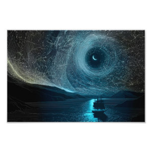Foto Luna creciente sobre un barco de vela, costa rocos