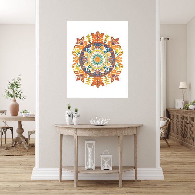 Foto Mandala Flor Naranja mágico acuarela (Mandala Flower Magic Orange Watercolor Photo Print)