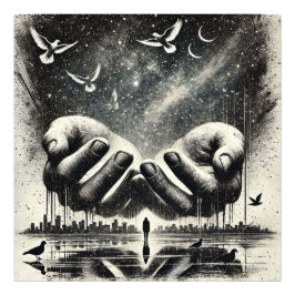 Foto Manos liberando aves en el cielo, blanco negro