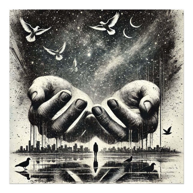 Foto Manos liberando aves en el cielo, blanco negro (Frente)