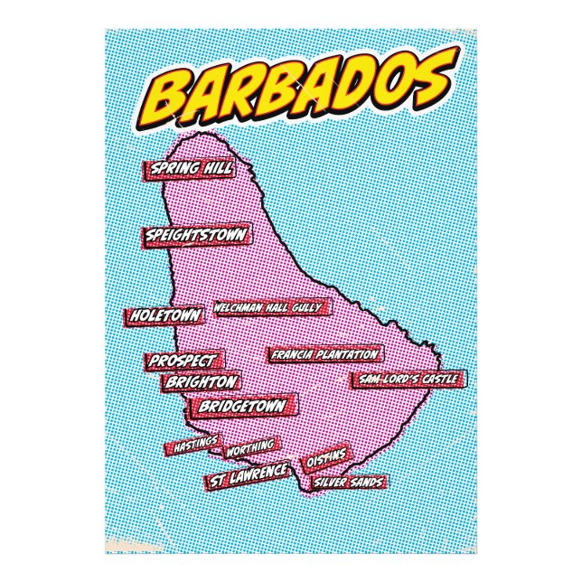 Foto Mapa de Barbados ilustrado con arte pop (Frente)