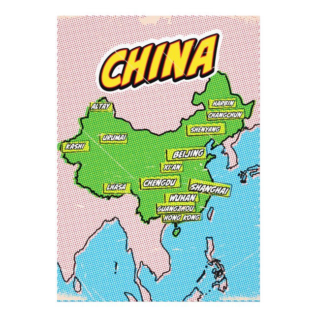 Foto Mapa de China ilustrado con Pop Art (Frente)