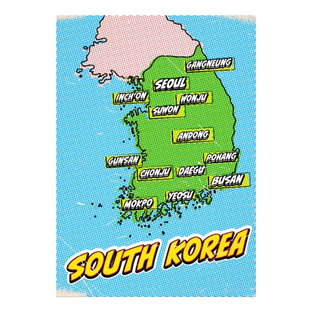 Foto Mapa de Corea del Sur ilustrado con arte pop (Frente)