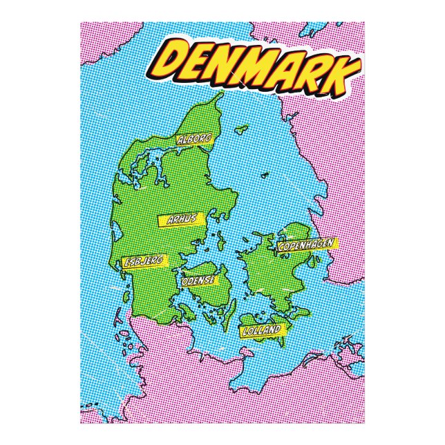 Foto Mapa de Dinamarca ilustrado de arte pop (Frente)