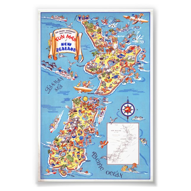Foto Mapa de diversión vintage del Poster de Nueva Zela (Frente)