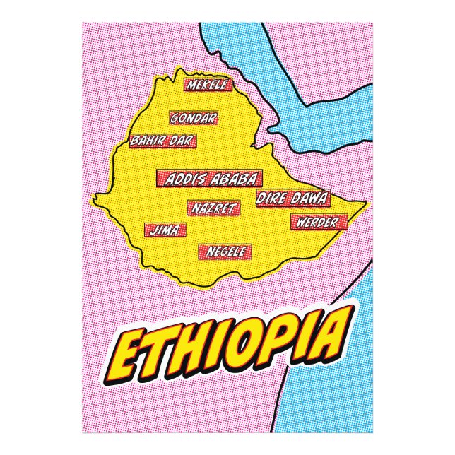 Foto Mapa de Etiopía ilustrado con arte pop (Frente)