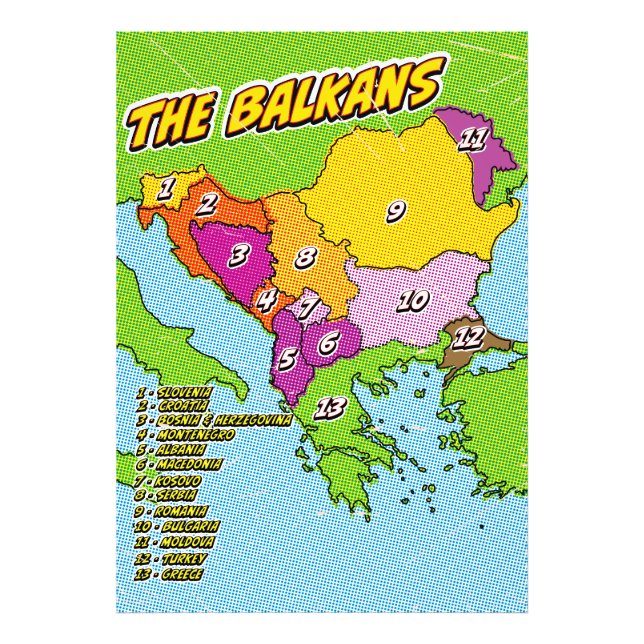 Foto Mapa de los Balcanes ilustrado con arte pop (Frente)