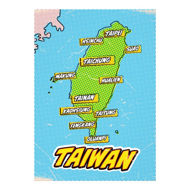 Foto Mapa de Taiwán ilustrado con arte pop (Frente)