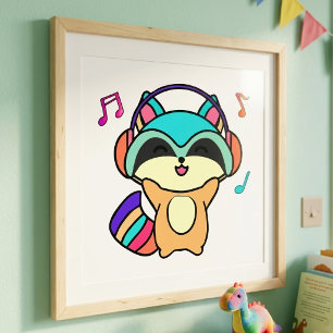 Foto Mapache bebé feliz sonriendo con auriculares. 
