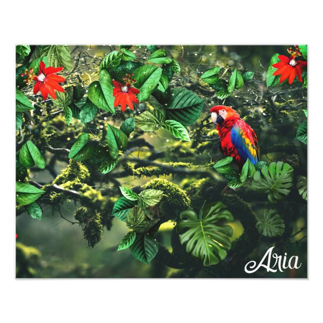 Foto Maqueta de loro escarlata en la jungla con flores (Frente)