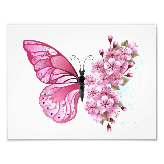 Foto Mariposa de flor con Sakura rosa (Frente)
