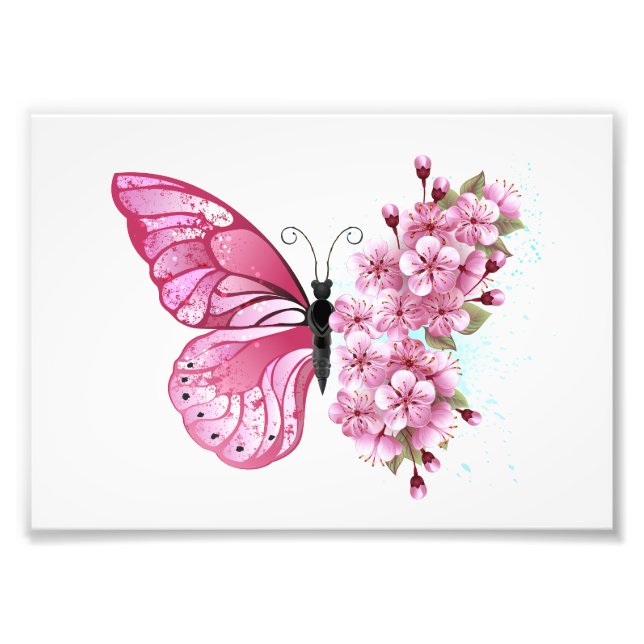 Foto Mariposa de flores con Sakura rosa (Frente)