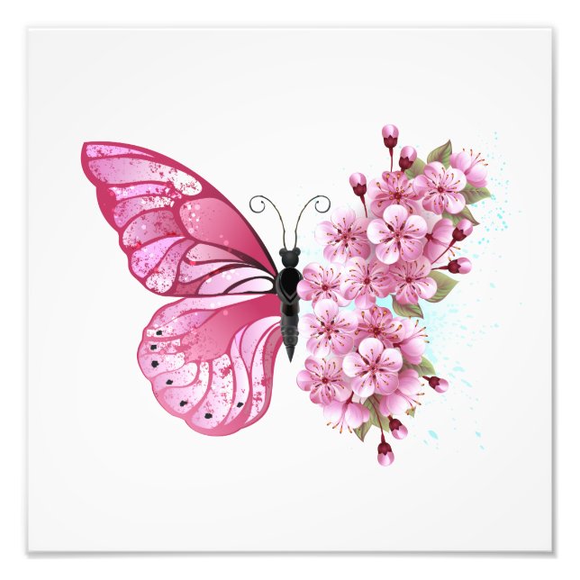 Foto Mariposa de flores con Sakura rosa (Frente)